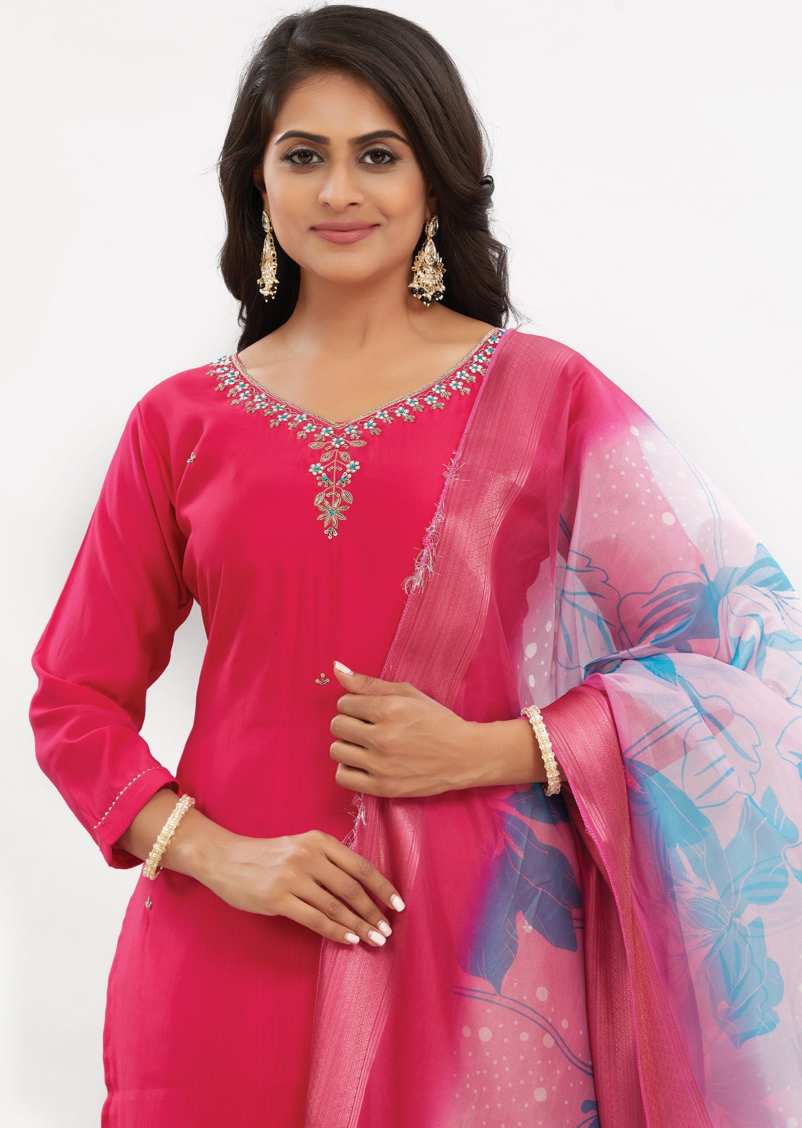 Rani Pink Chanderi Straight Cut Suits