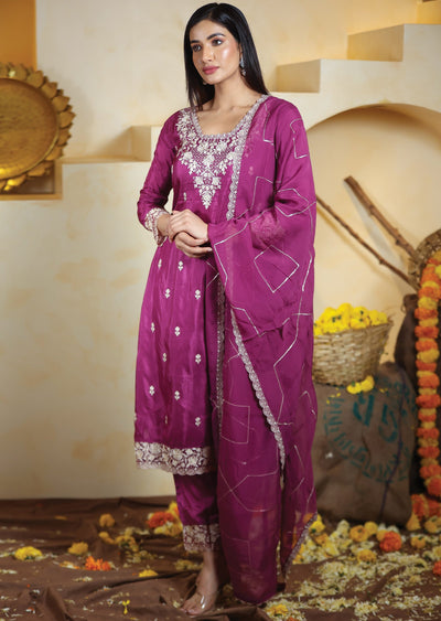 Light Magenta Pink Soft Silk Straight cut suits