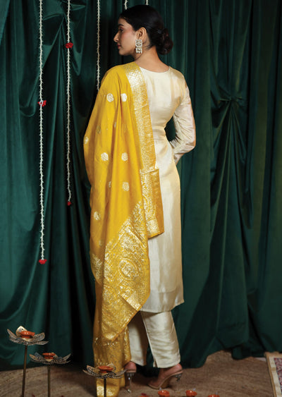 Cream Tissue Silk Straight cut suits