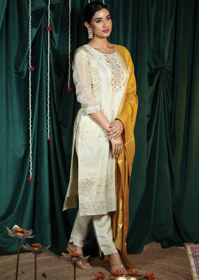 Cream Tissue Silk Straight cut suits