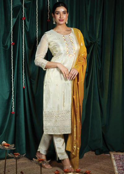 Cream Tissue Silk Straight cut suits