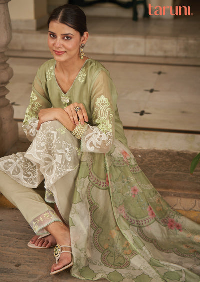 Light Mehndi Green Organza Straight cut suits