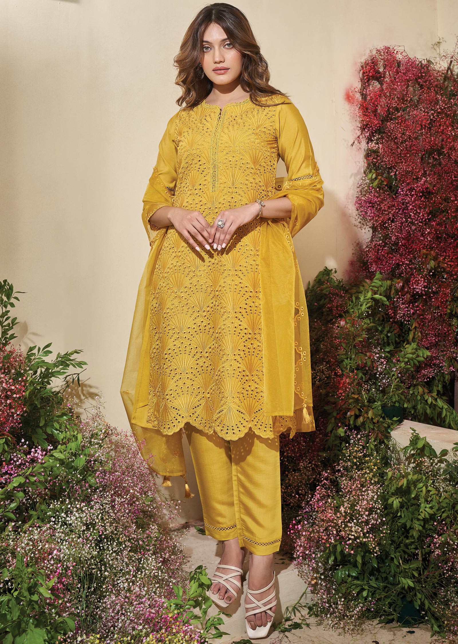 Mustard Crosia Chanderi Straight cut suits