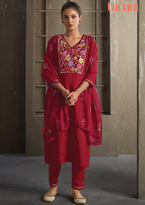 Red Muslin Straight cut suits