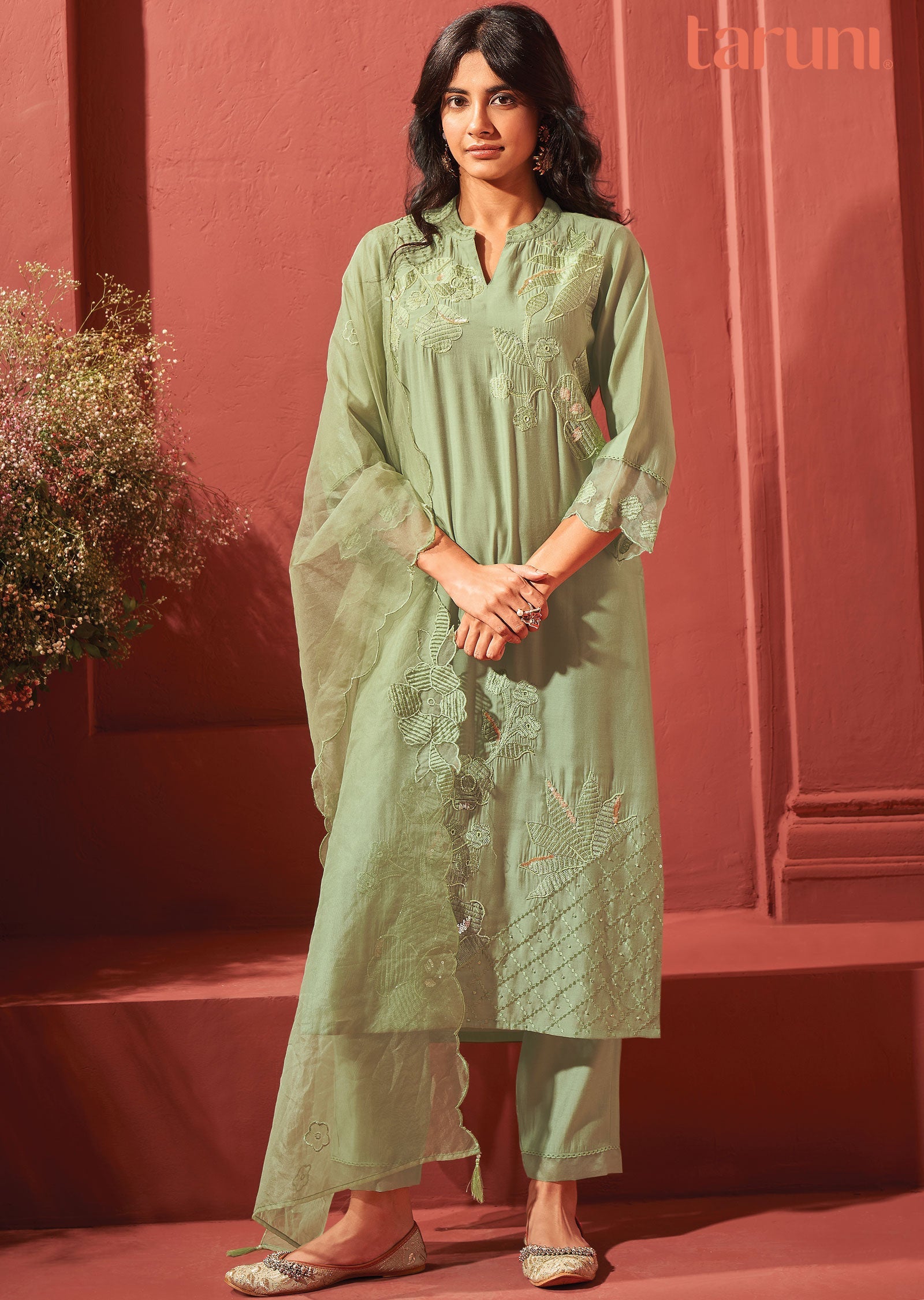 Light Mehndi Green Soft Silk Straight cut suits