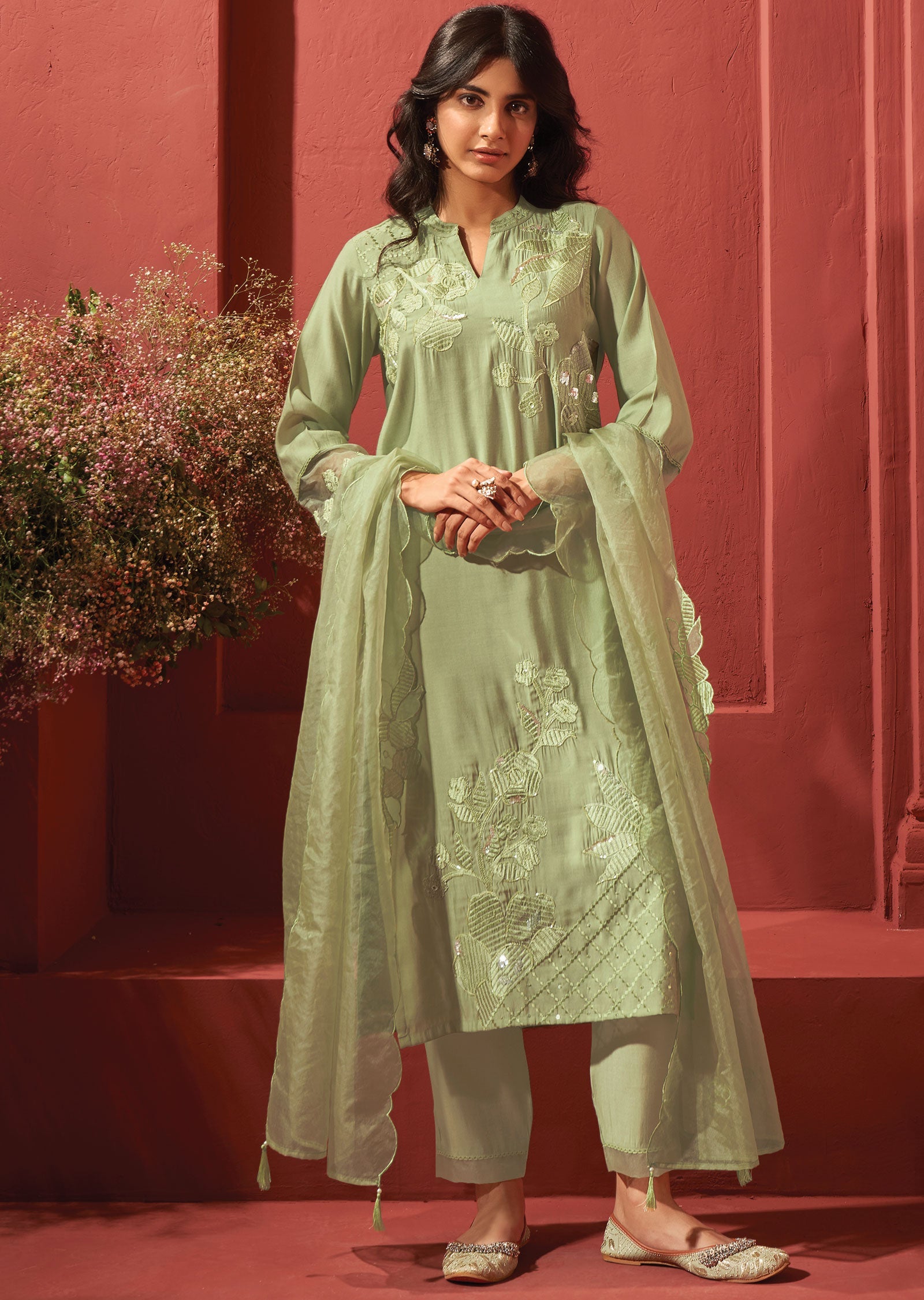 Light Mehndi Green Soft Silk Straight cut suits