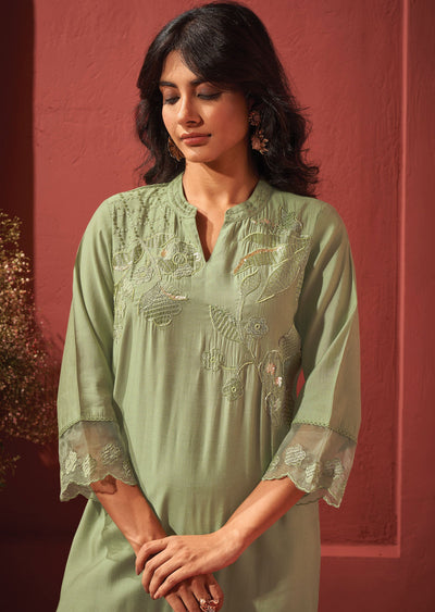 Light Mehndi Green Soft Silk Straight cut suits