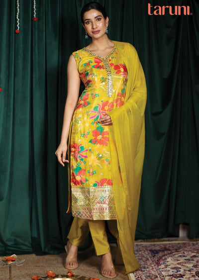 Yellow Tissue Silk Straight Cut Suits