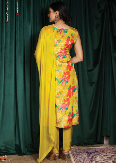 Yellow Tissue Silk Straight Cut Suits