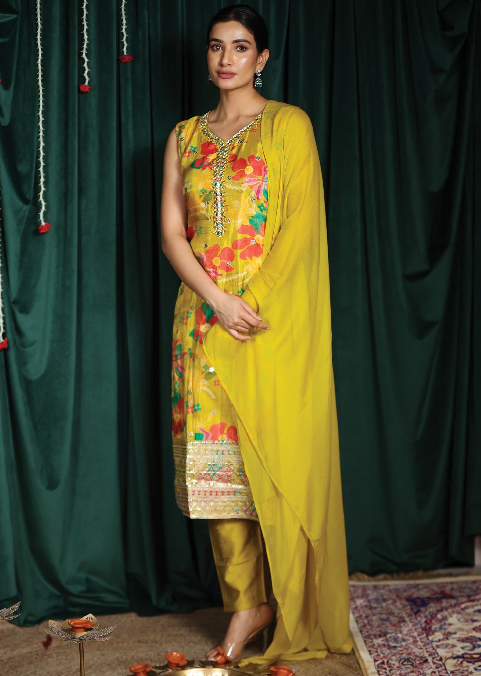 Yellow Tissue Silk Straight Cut Suits