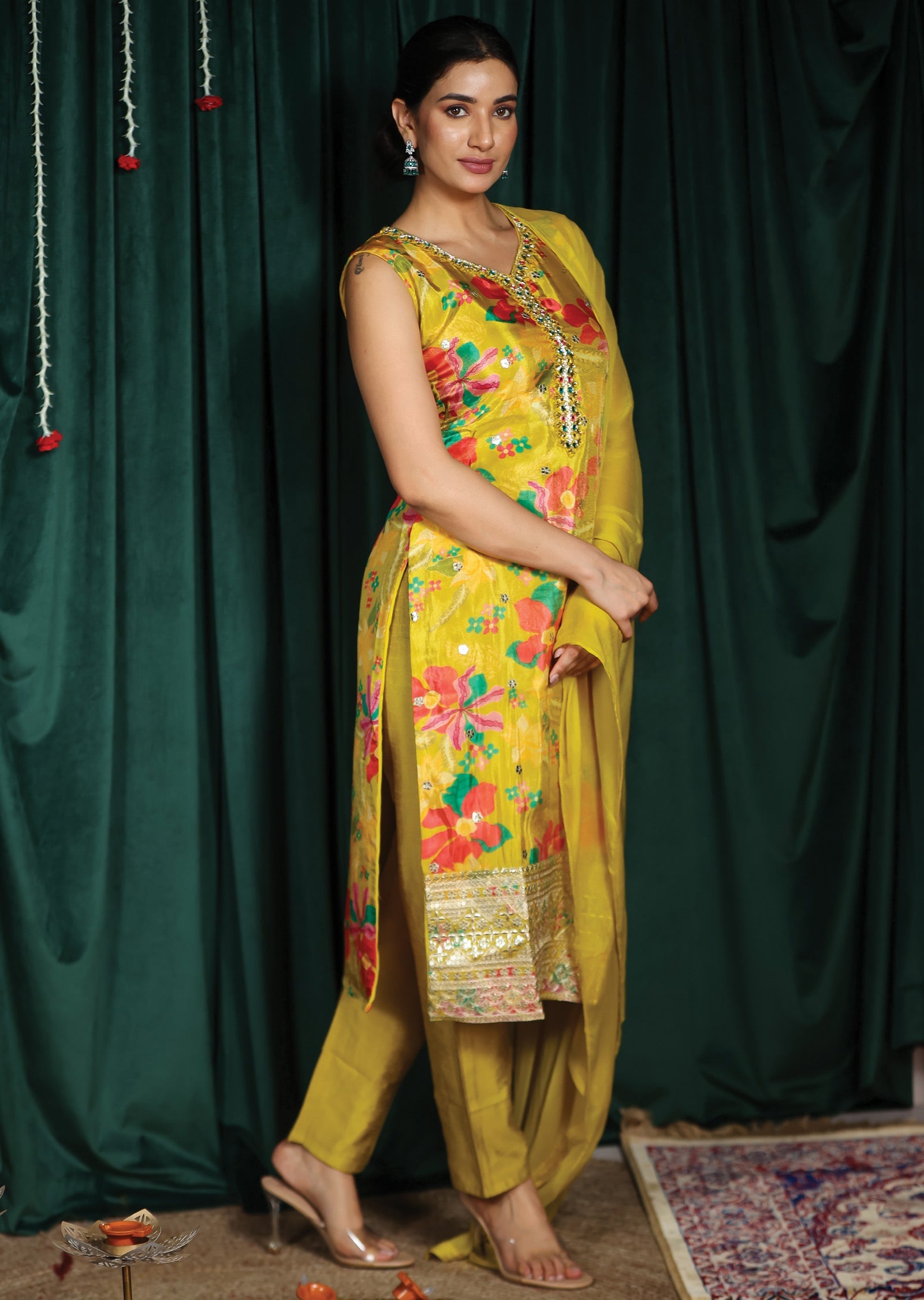 Yellow Tissue Silk Straight Cut Suits