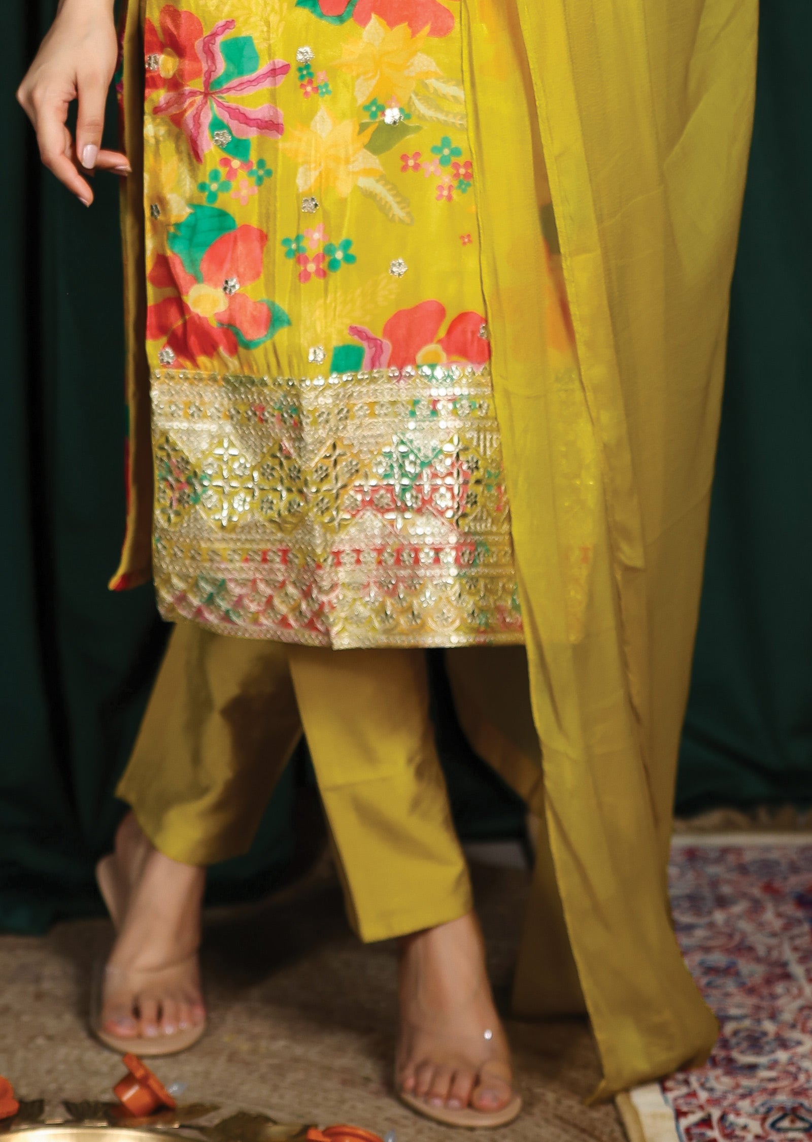 Yellow Tissue Silk Straight Cut Suits