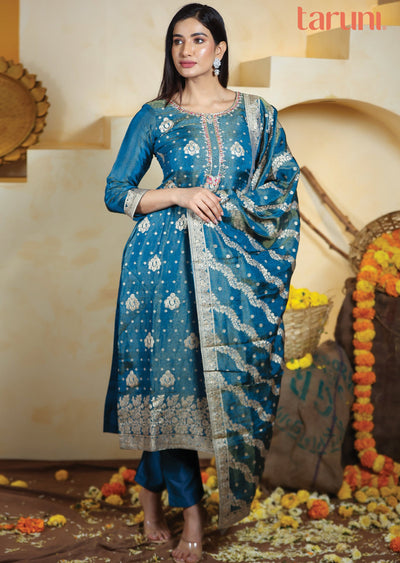 Teal Blue Tissue Banaras Silk Straight Cut Suits