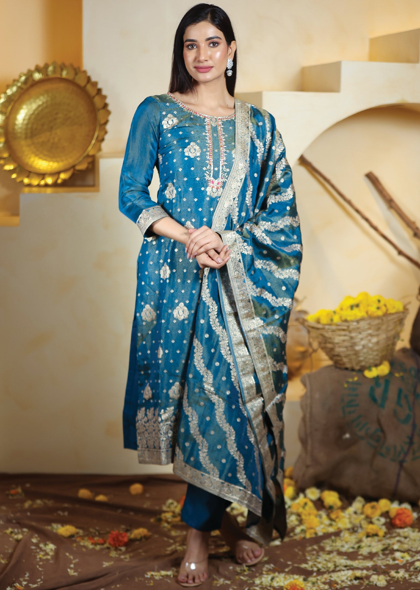 Teal Blue Tissue Banaras Silk Straight Cut Suits