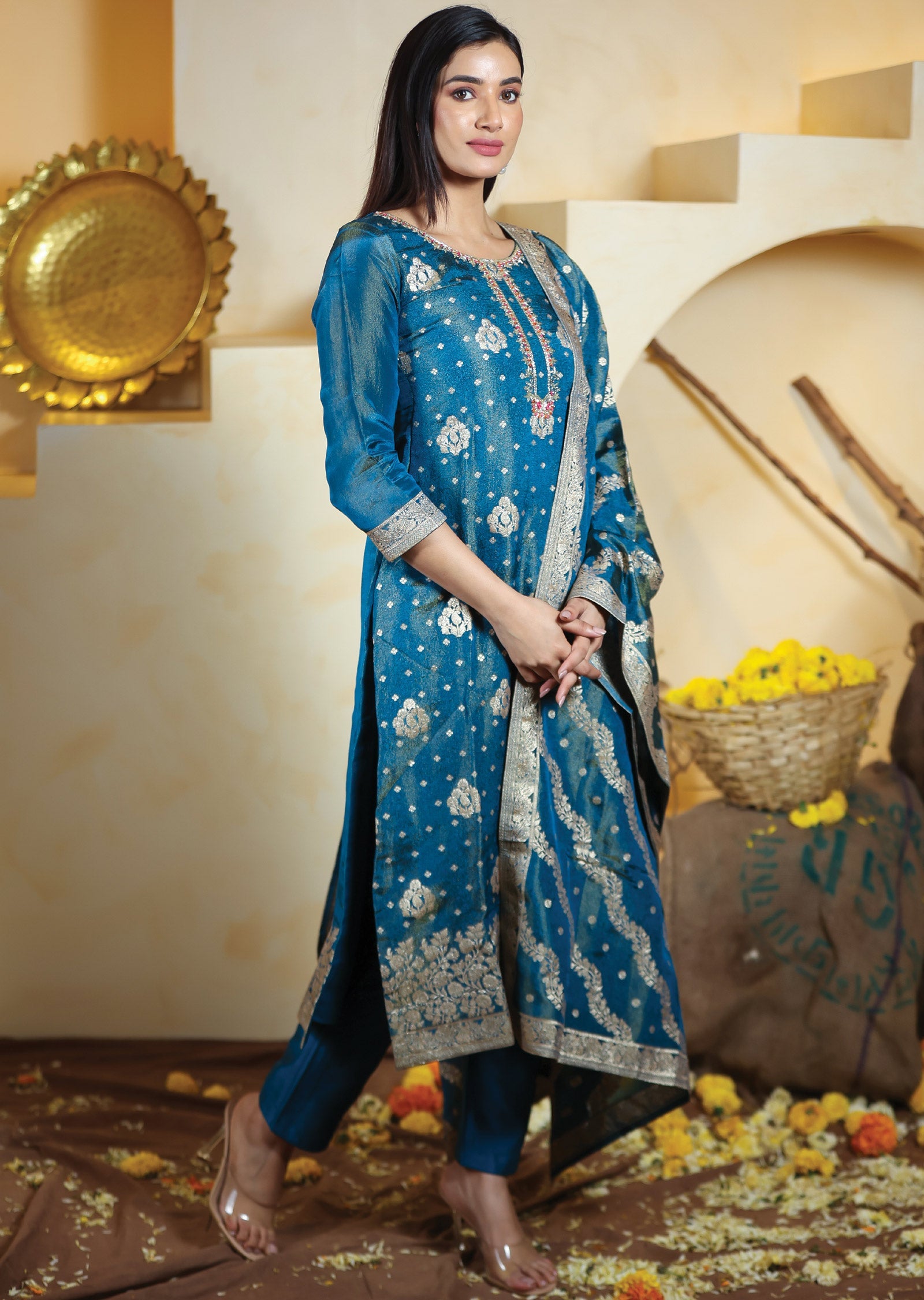 Teal Blue Tissue Banaras Silk Straight Cut Suits