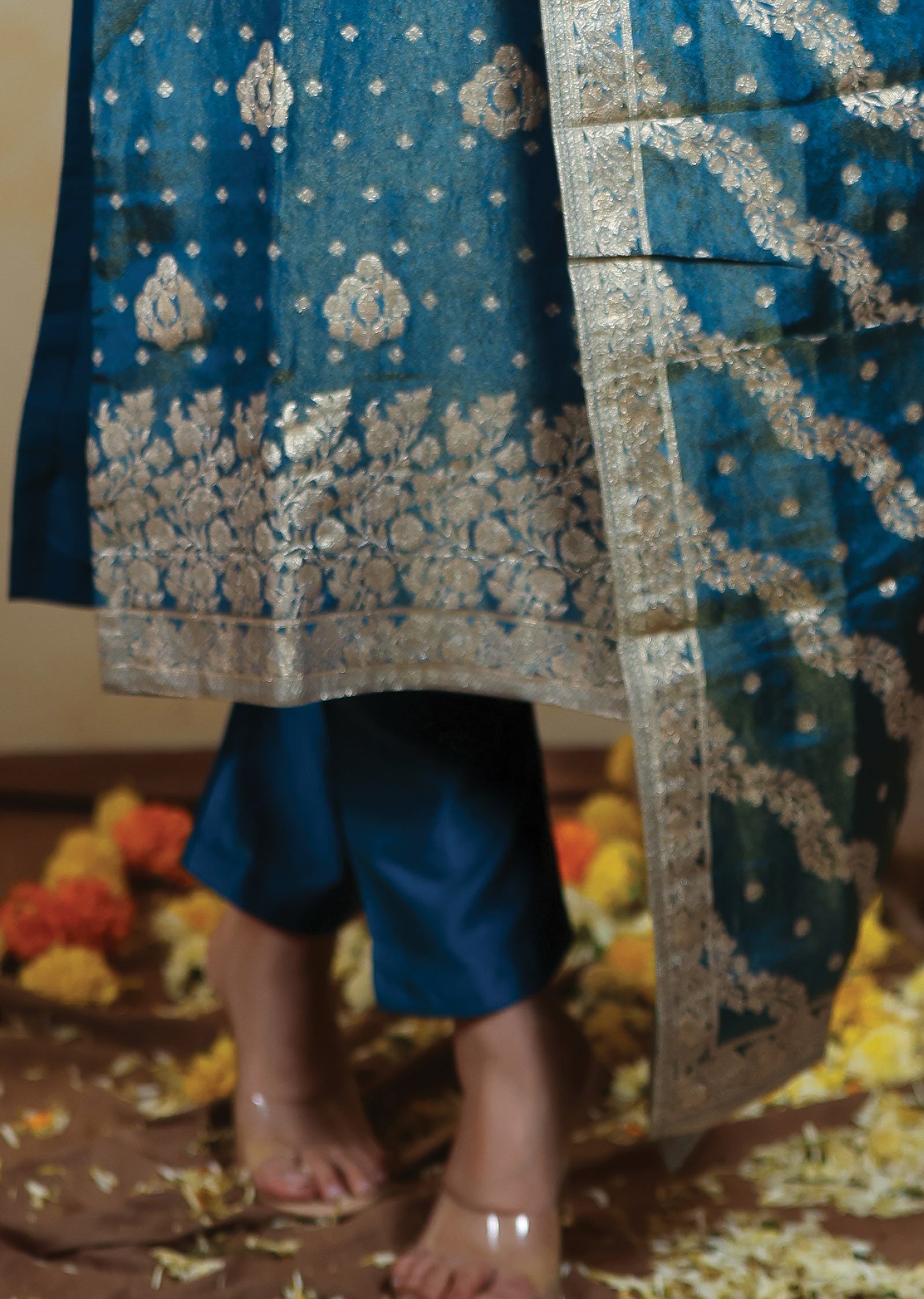 Teal Blue Tissue Banaras Silk Straight Cut Suits