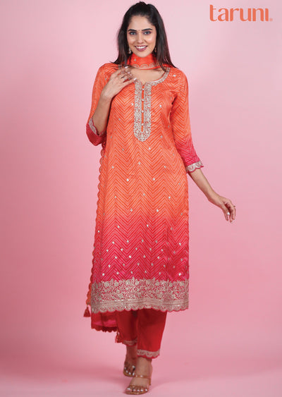 Orange & Rani Pink Silk Straight Cut Suit