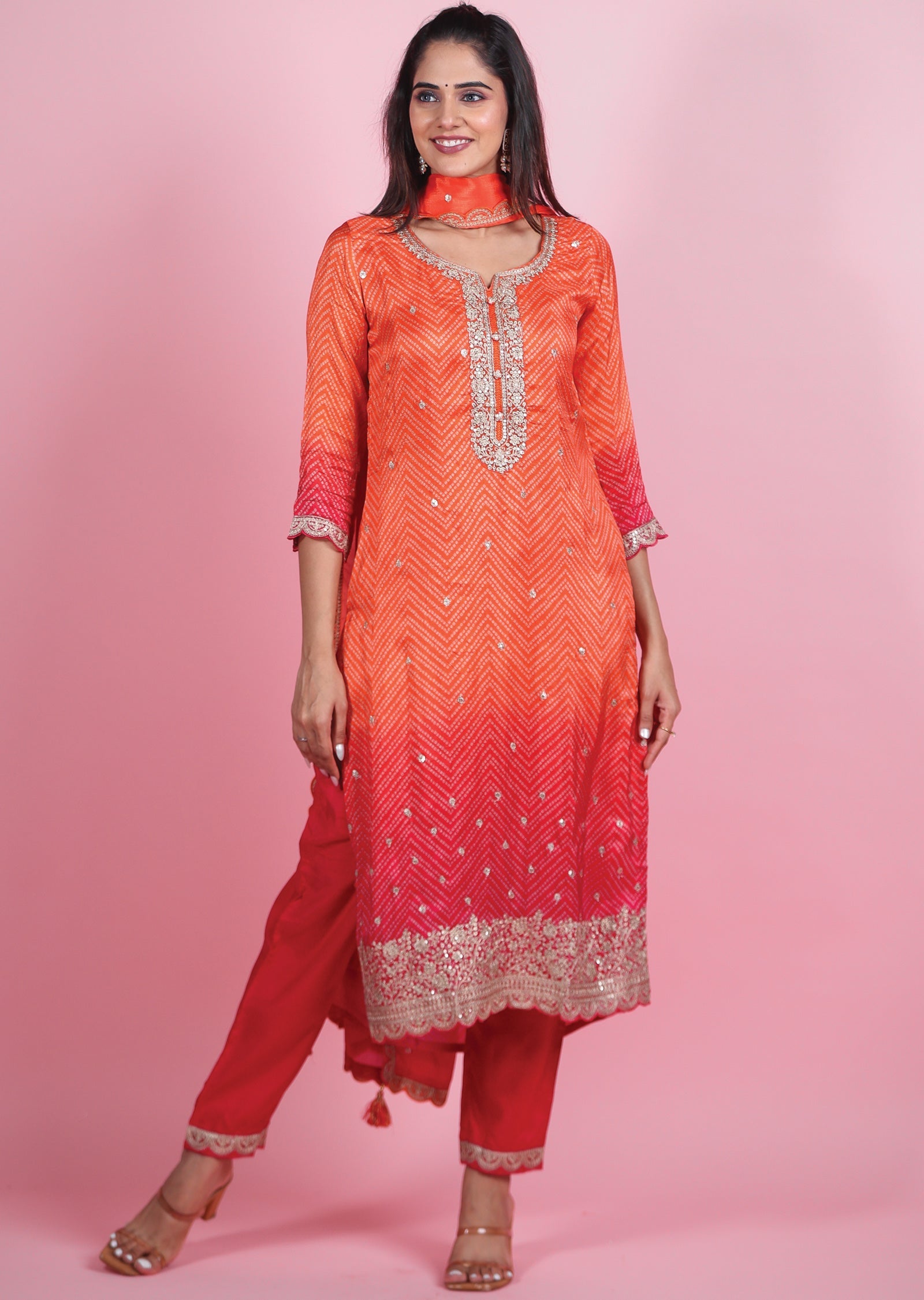 Orange & Rani Pink Silk Straight Cut Suit