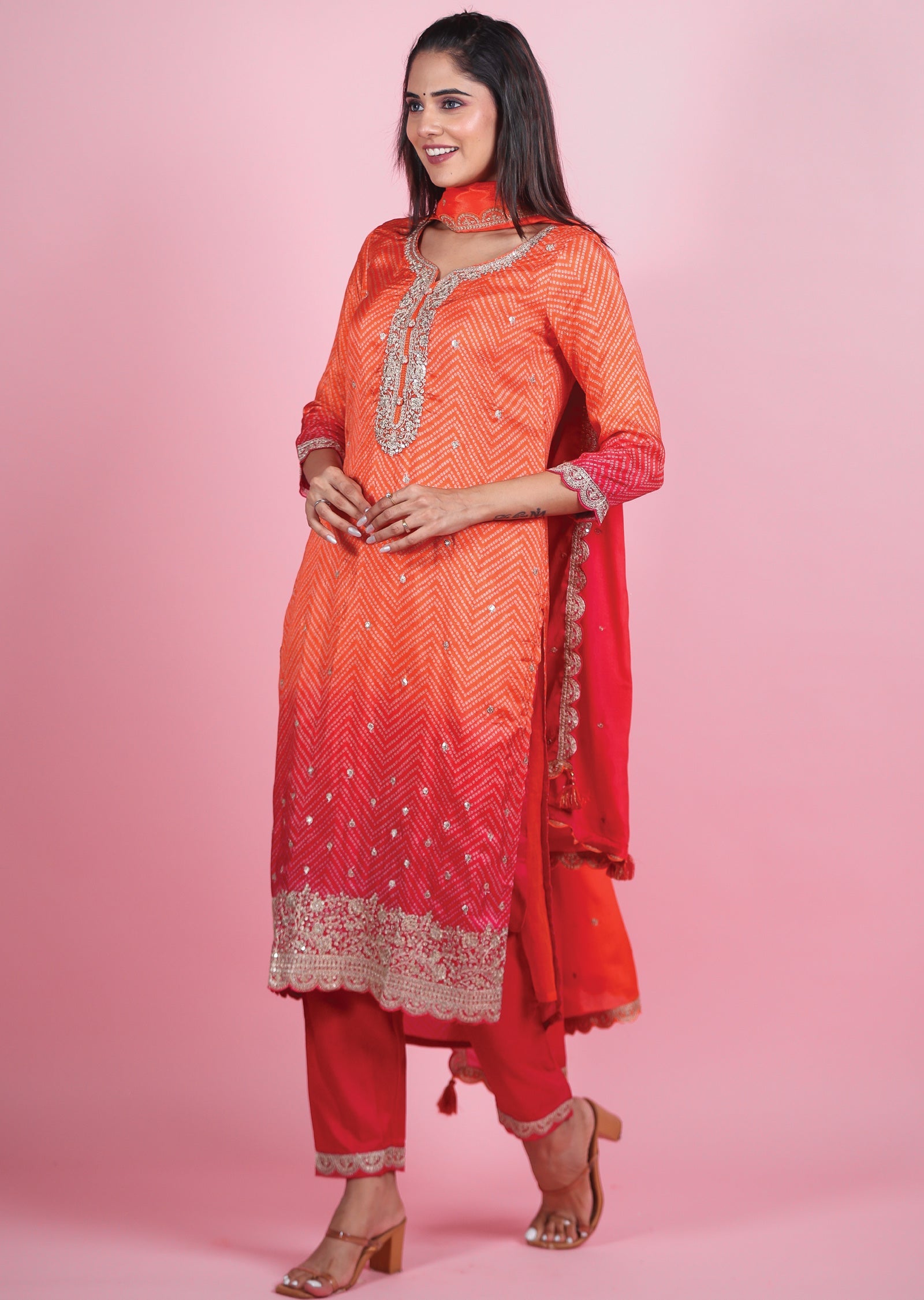 Orange & Rani Pink Silk Straight Cut Suit