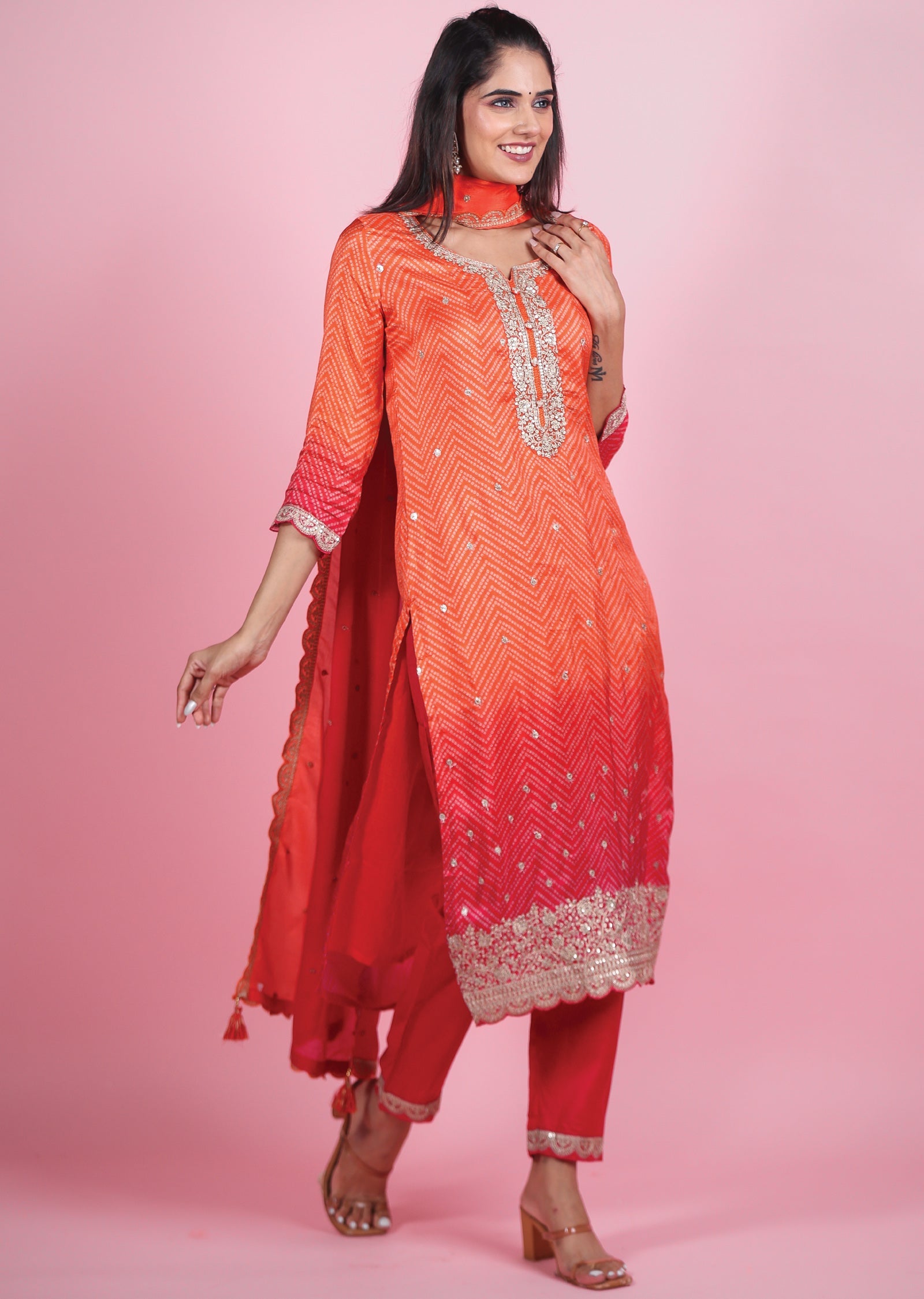 Orange & Rani Pink Silk Straight Cut Suit