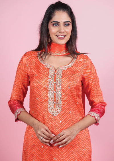 Orange & Rani Pink Silk Straight Cut Suit