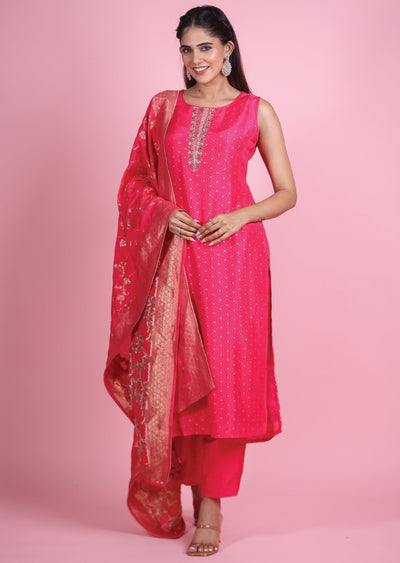 Pink Banaras Silk Straight Cut Suit