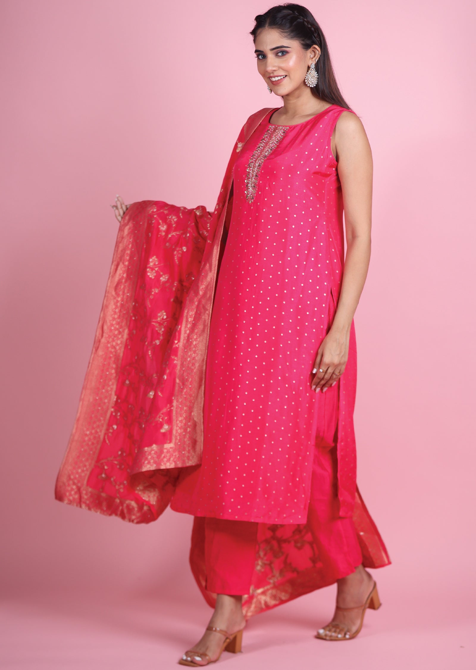 Pink Banaras Silk Straight Cut Suit