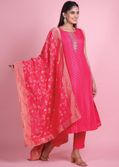 Pink Banaras Silk Straight Cut Suit