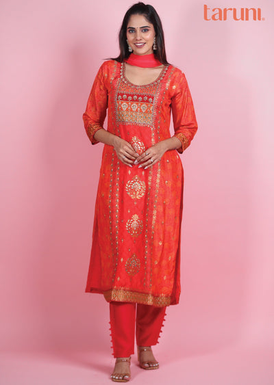 Dark Pink Minakari Banaras Silk Straight Cut Suit