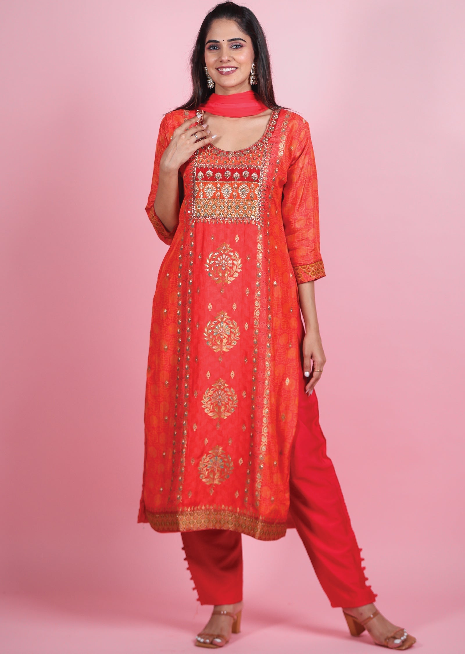 Dark Pink Minakari Banaras Silk Straight Cut Suit