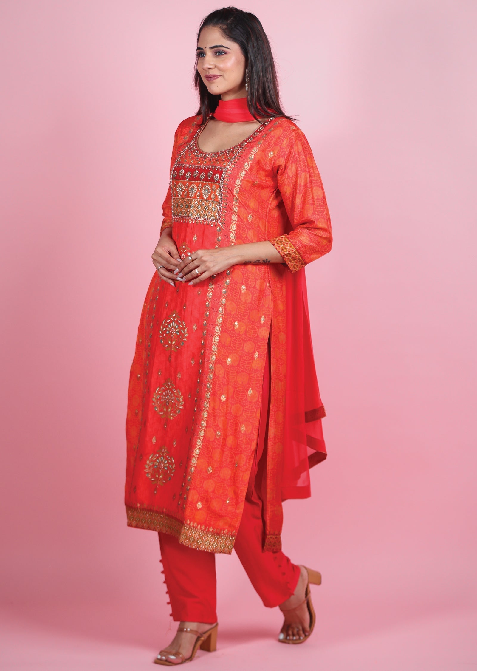 Dark Pink Minakari Banaras Silk Straight Cut Suit