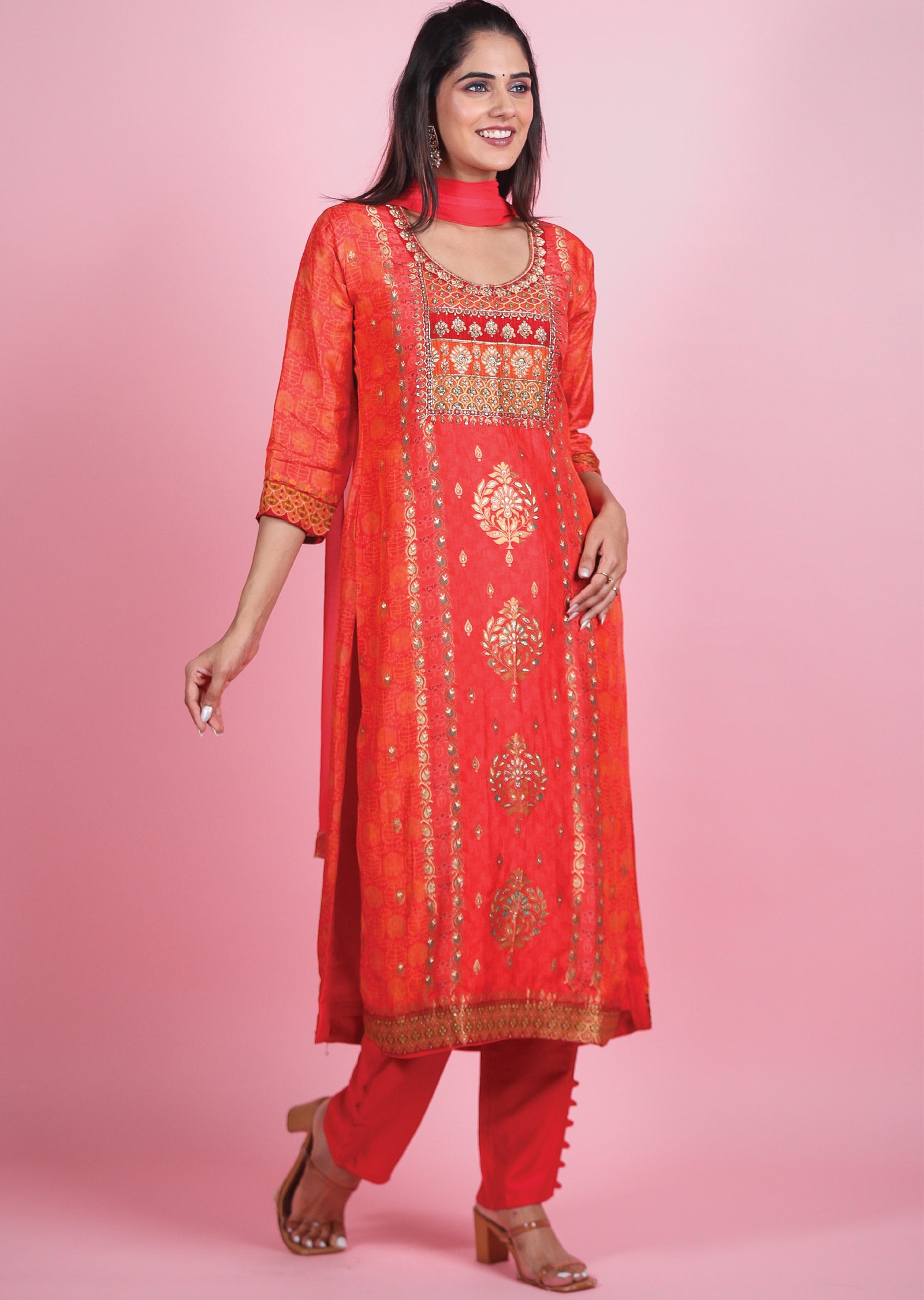 Dark Pink Minakari Banaras Silk Straight Cut Suit