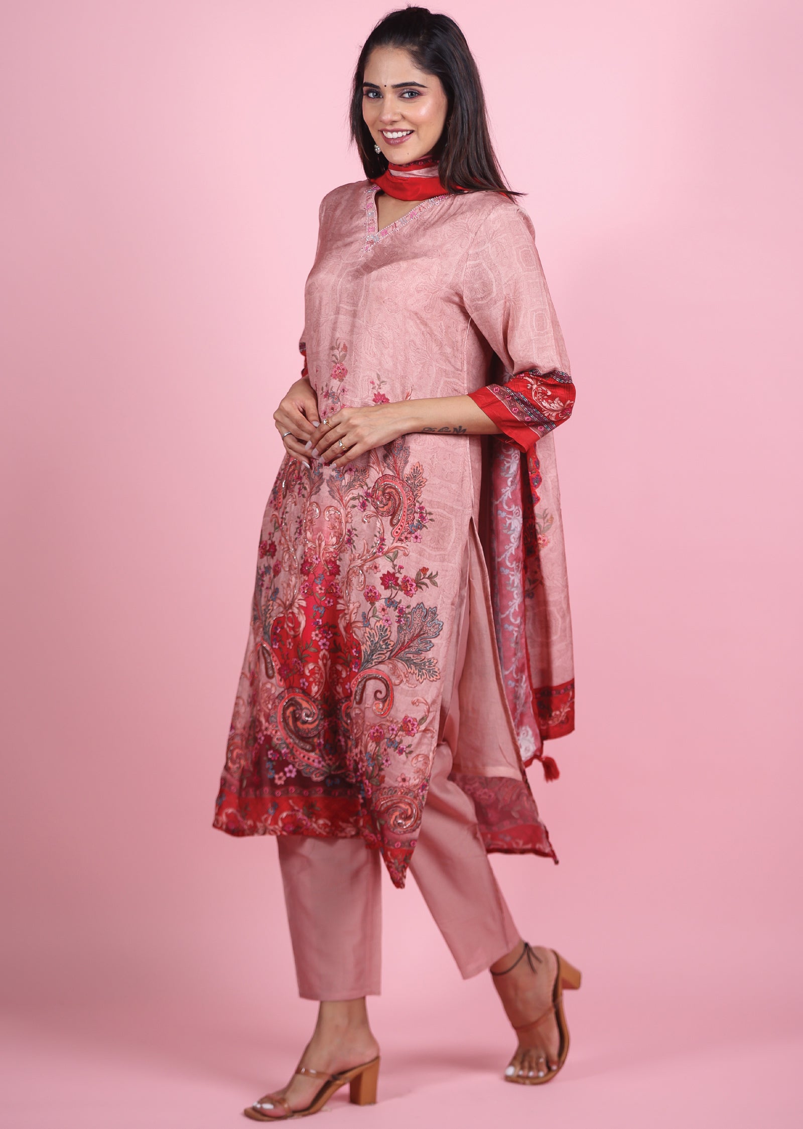 Onion Pink & Red Modal Straight Cut Suits