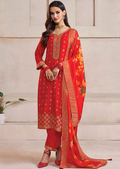 Red Banaras Silk Straight Cut Suits