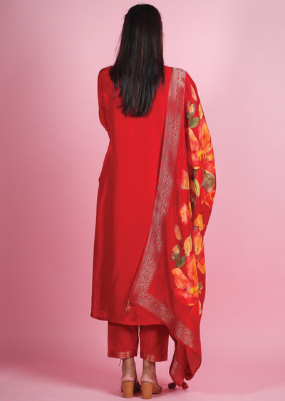 Red Banaras Silk Straight Cut Suits