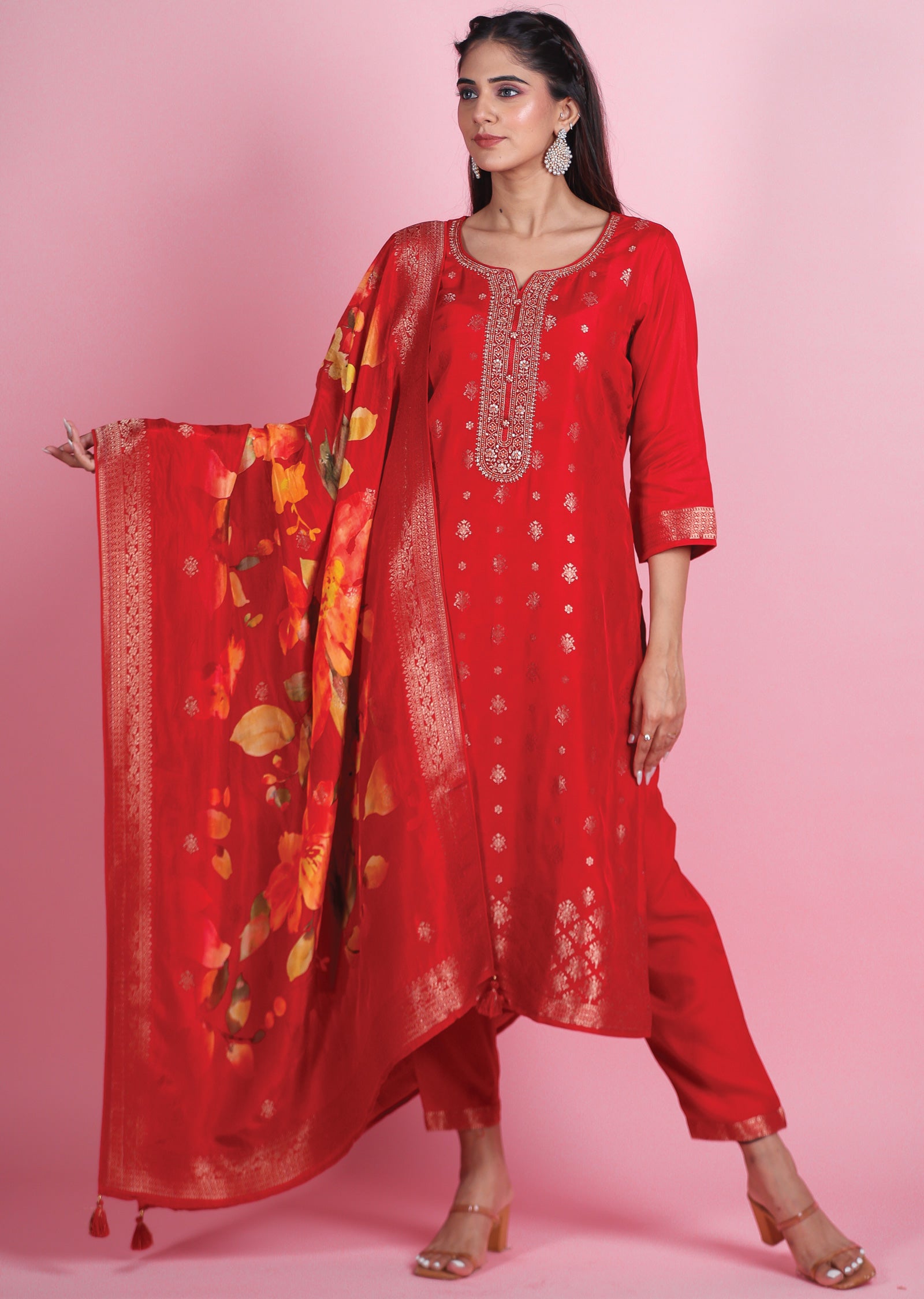 Red Banaras Silk Straight Cut Suits