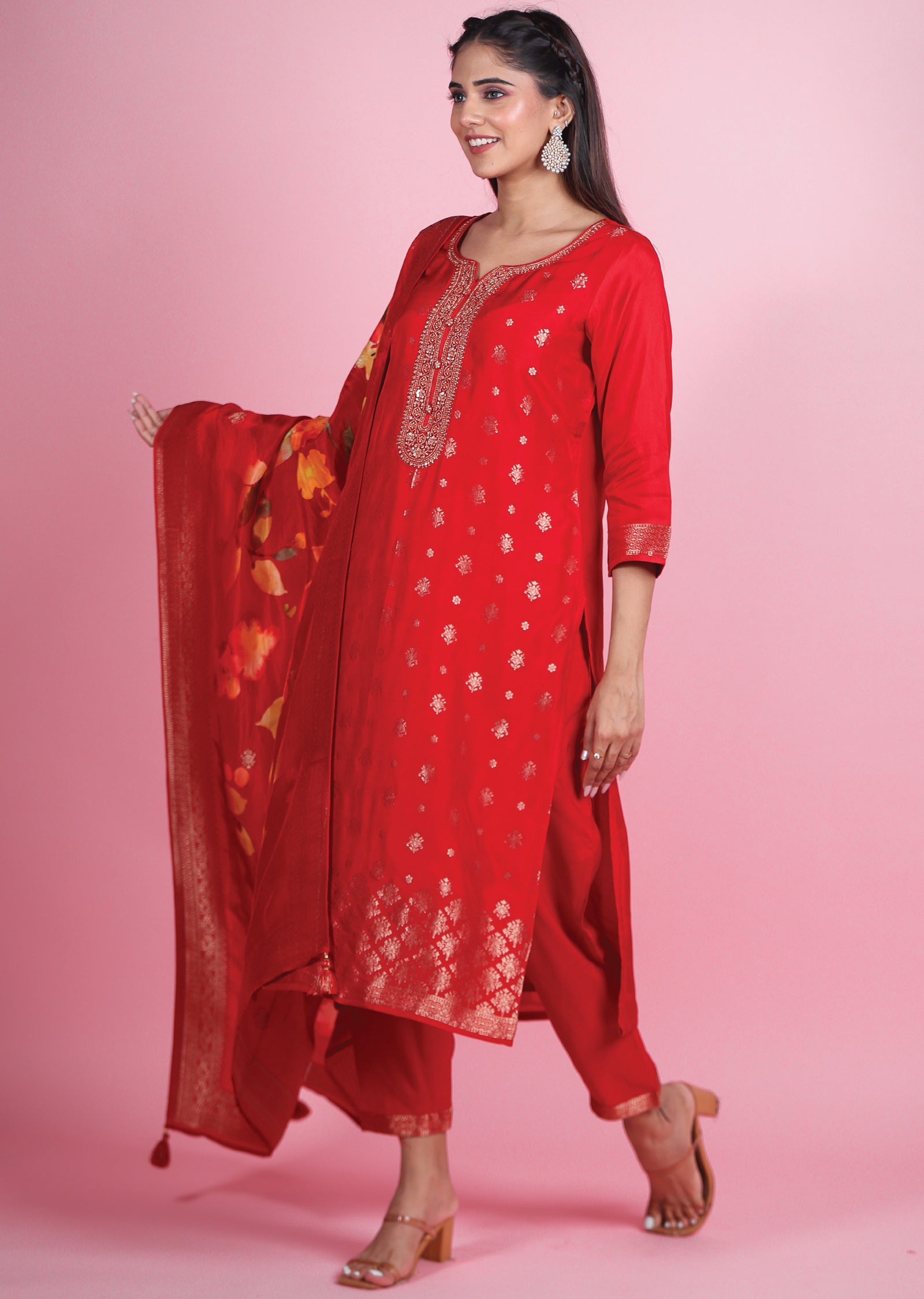 Red Banaras Silk Straight Cut Suits