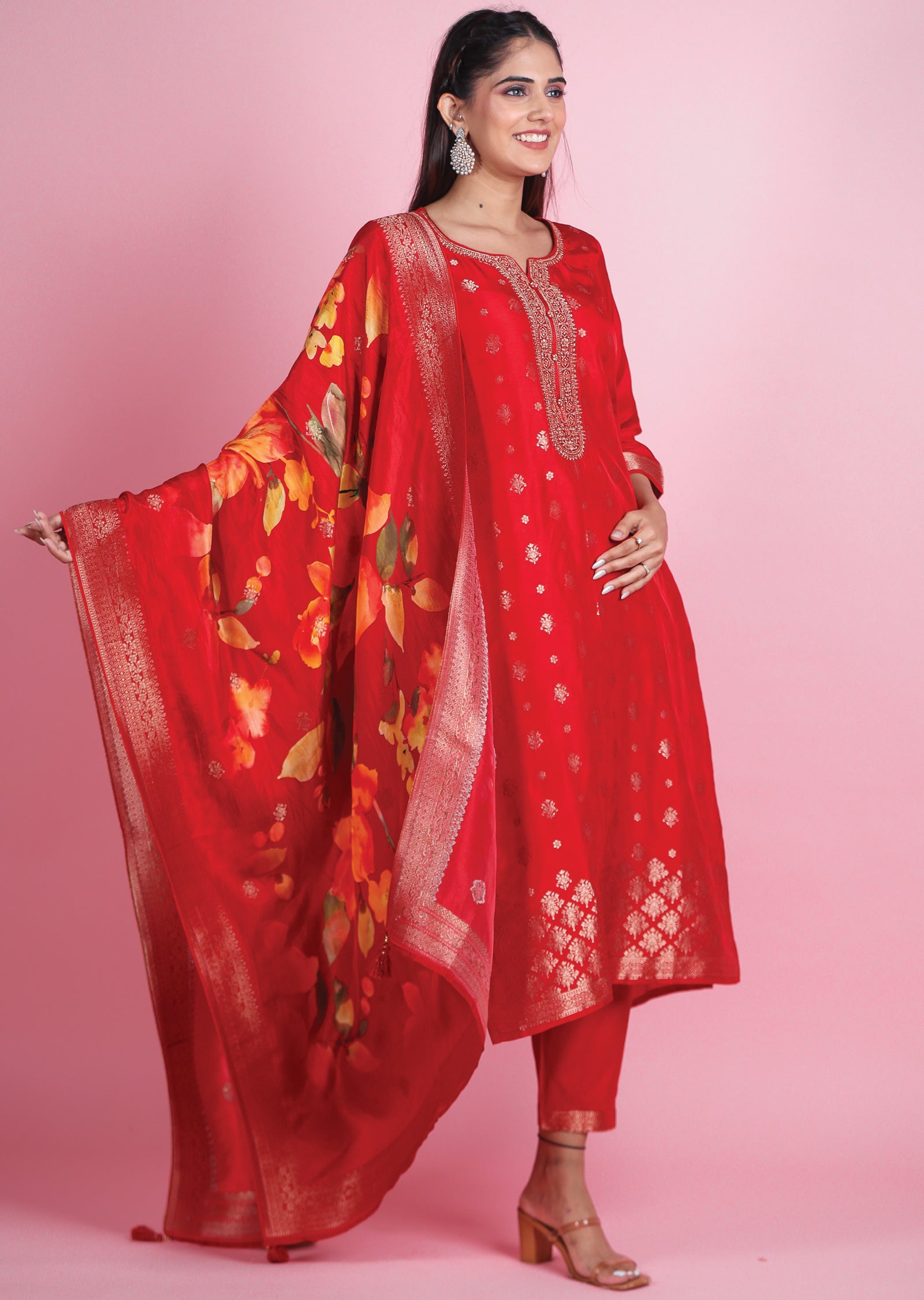 Red Banaras Silk Straight Cut Suits