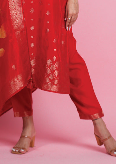 Red Banaras Silk Straight Cut Suits