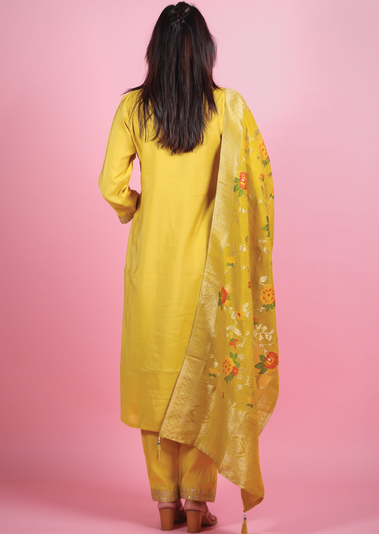 Yellow Soft Silk Straight Cut Suits