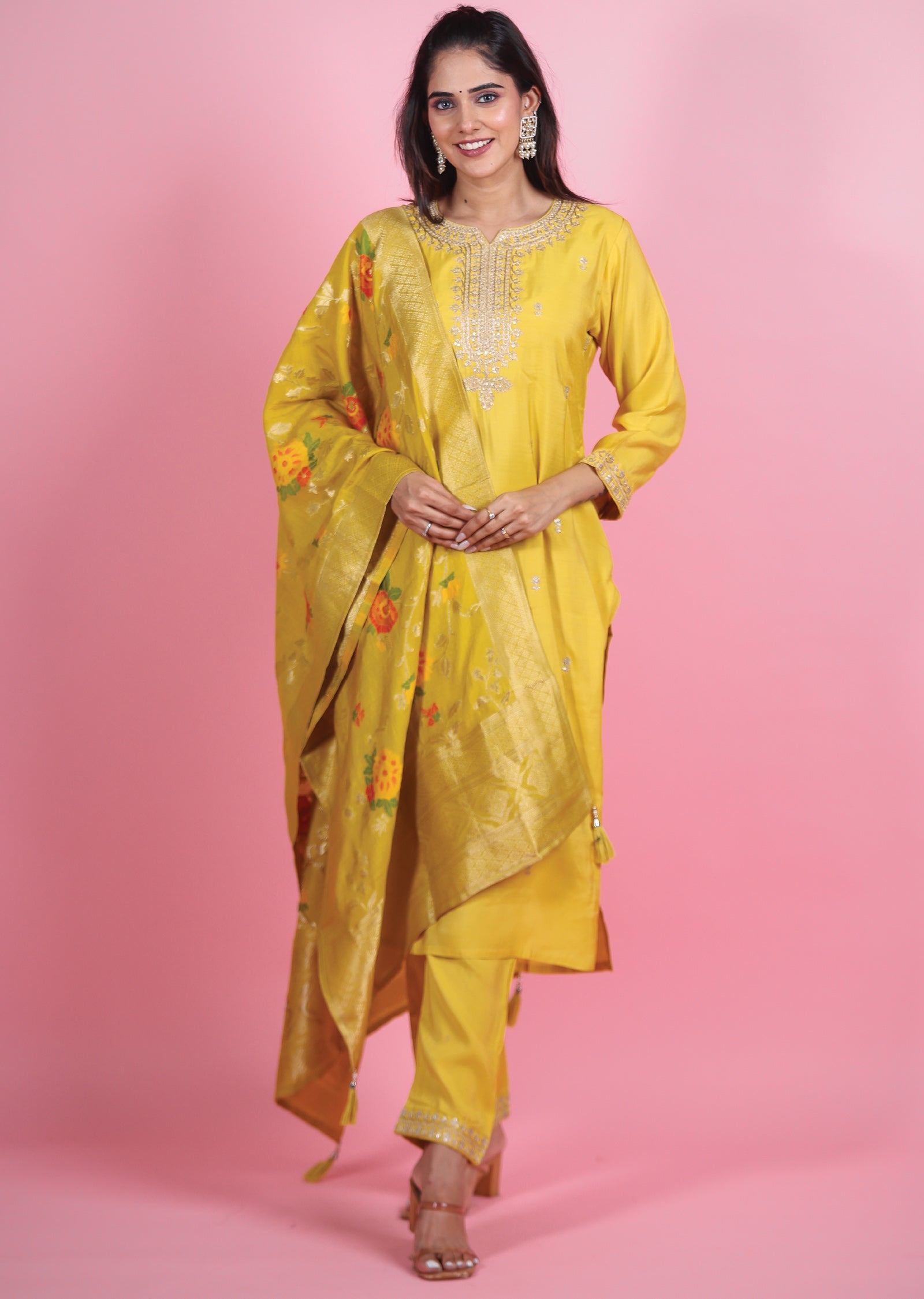 Yellow Soft Silk Straight Cut Suits