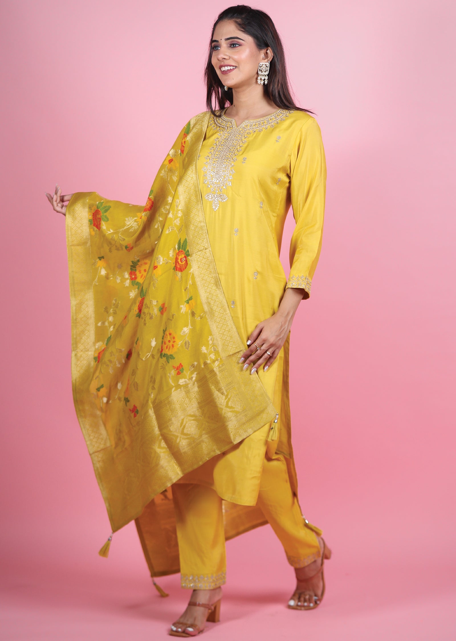 Yellow Soft Silk Straight Cut Suits