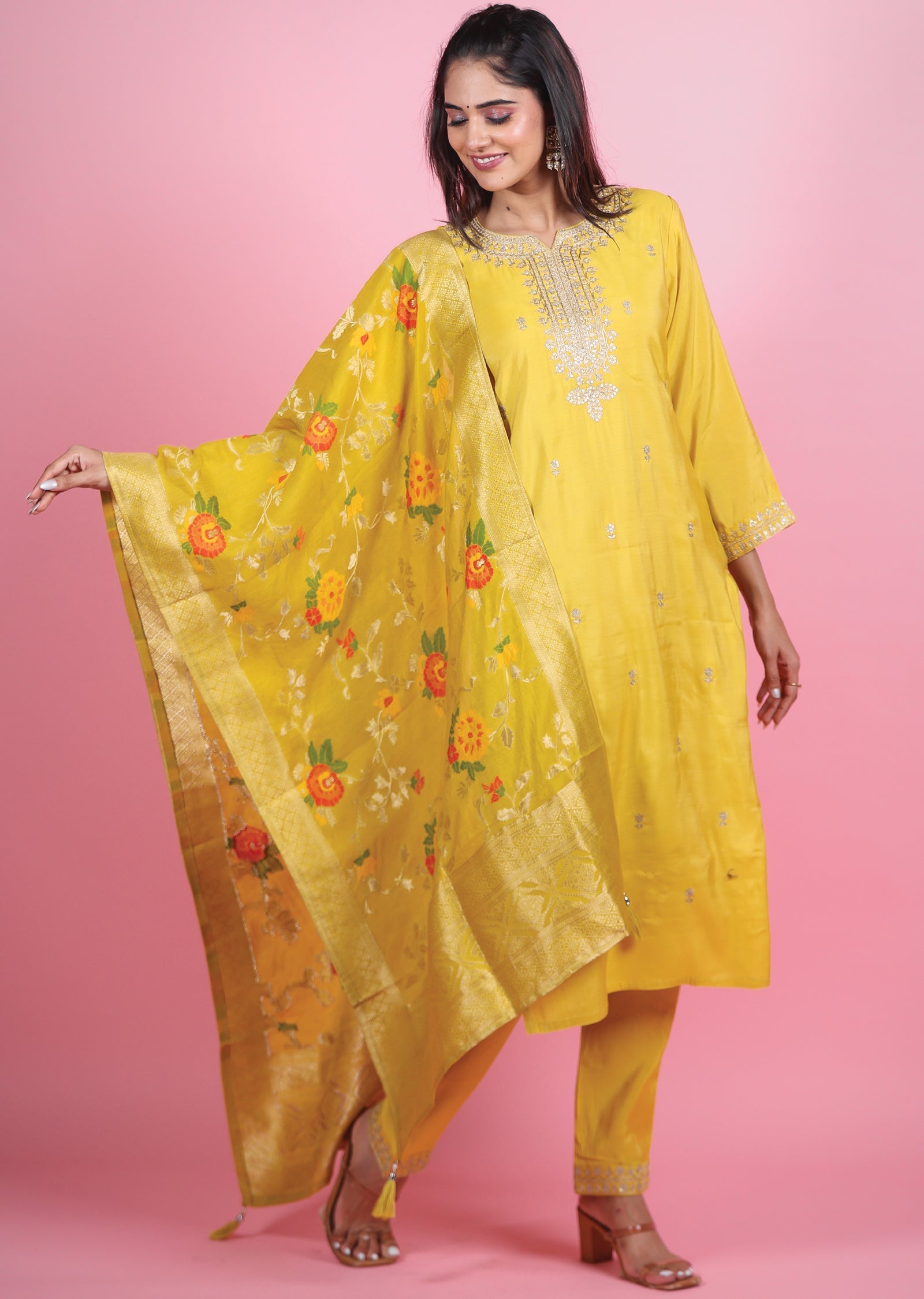 Yellow Soft Silk Straight Cut Suits