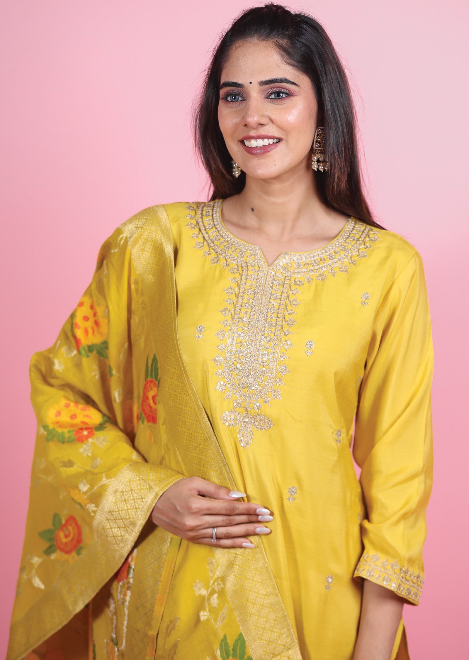 Yellow Soft Silk Straight Cut Suits