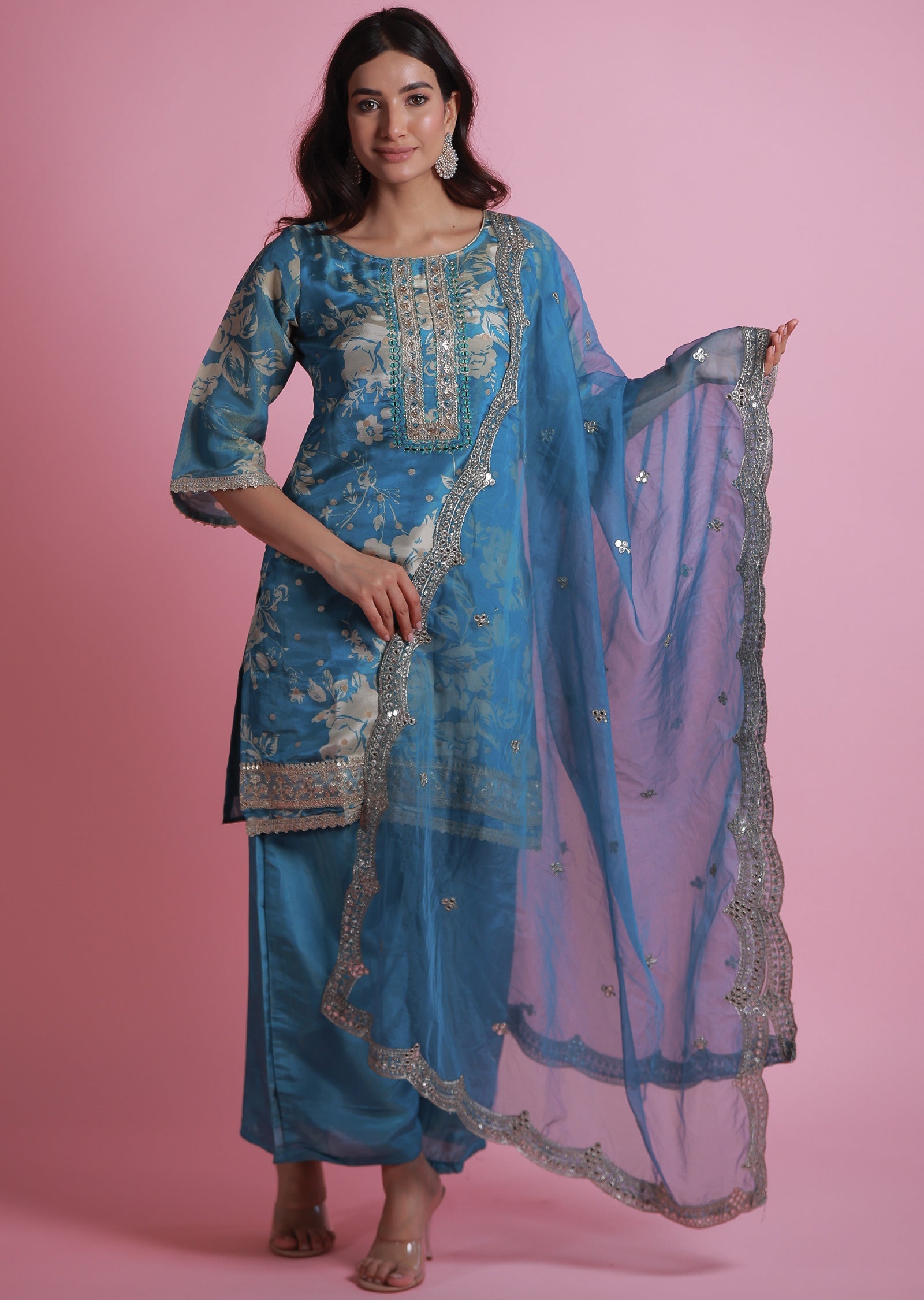 Light Blue Tissue Banaras Straight Cut Suits