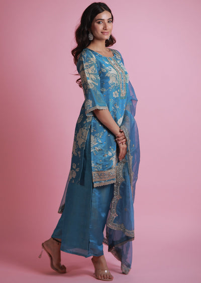 Light Blue Tissue Banaras Straight Cut Suits