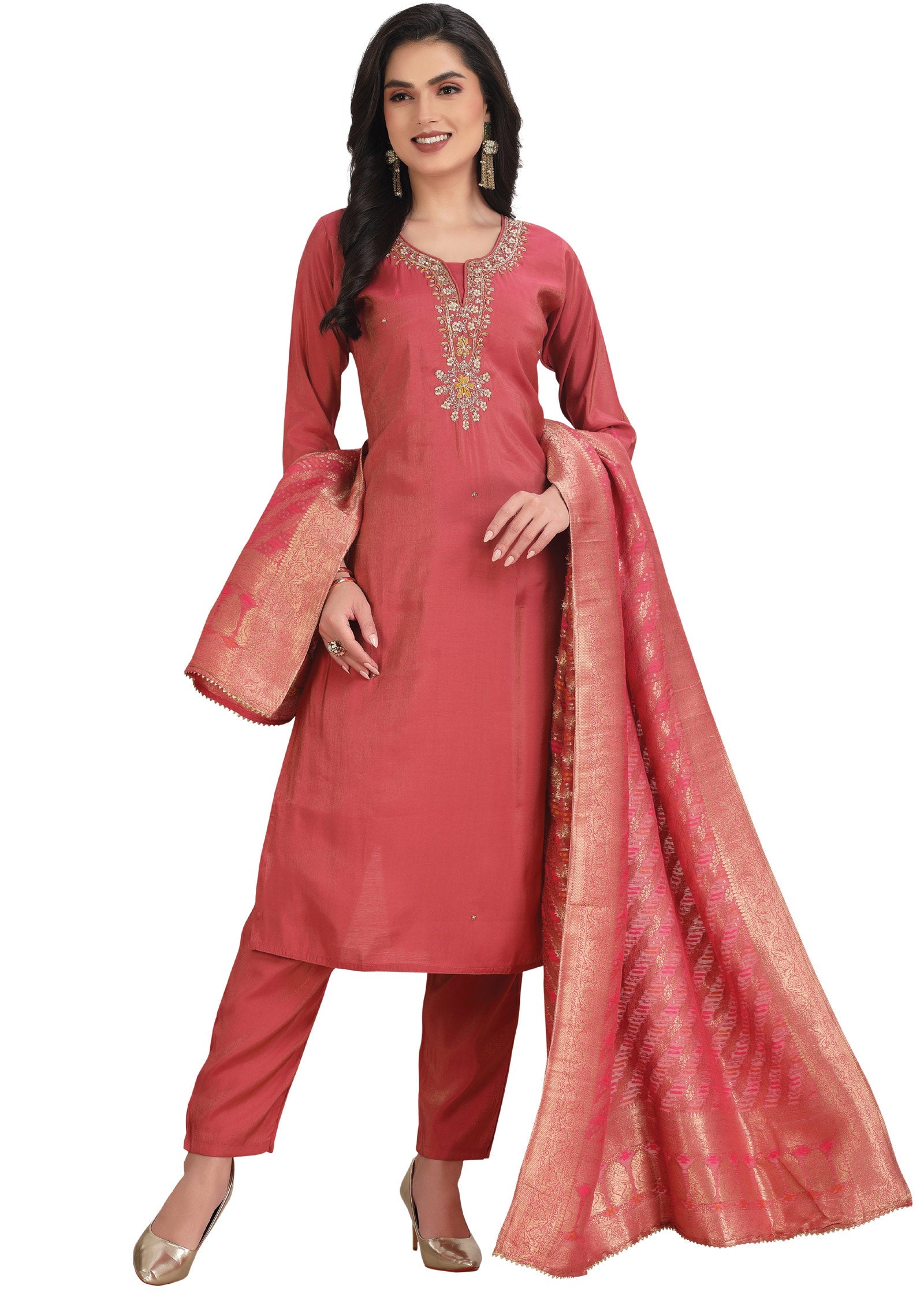 Dark Pink Tissue Straight Cut Suit