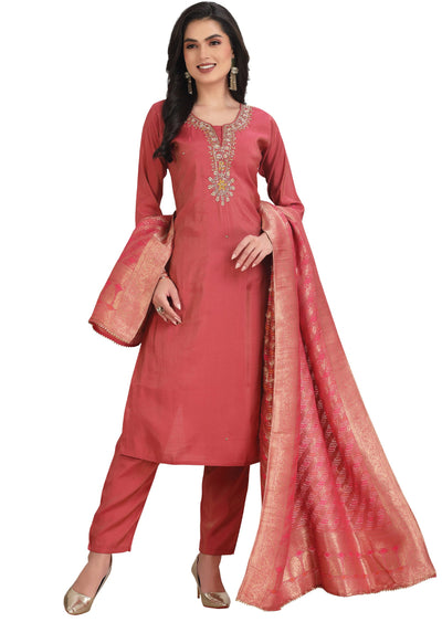 Dark Pink Tissue Straight Cut Suit