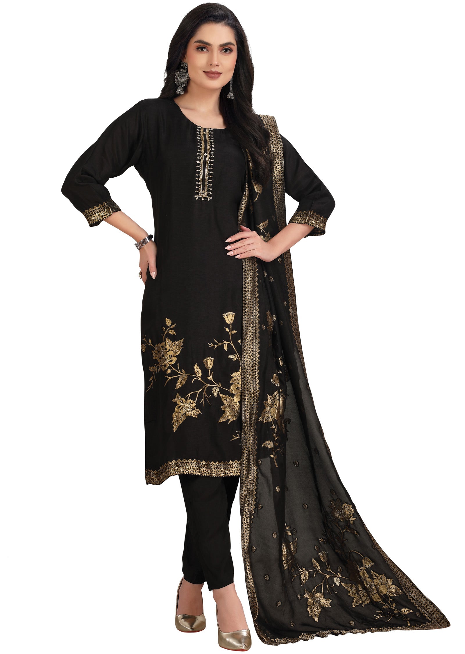 Black Banaras Dola Silk Straight Cut Suit