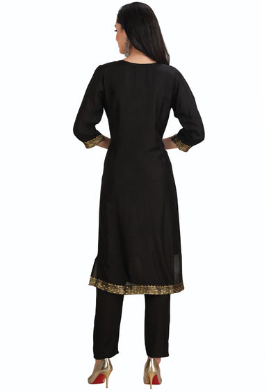 Black Banaras Dola Silk Straight Cut Suit